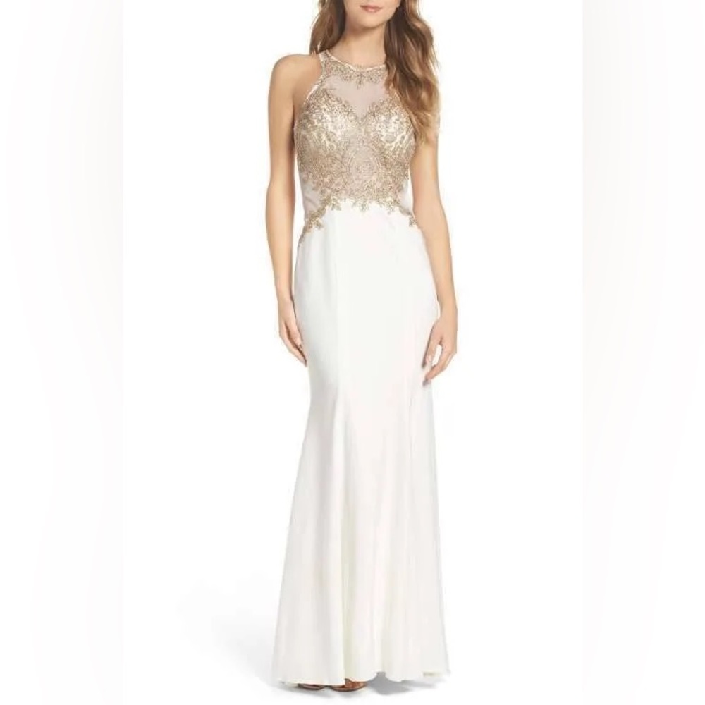 White and Gold Embroidered Mermaid Gown / Prom Dress